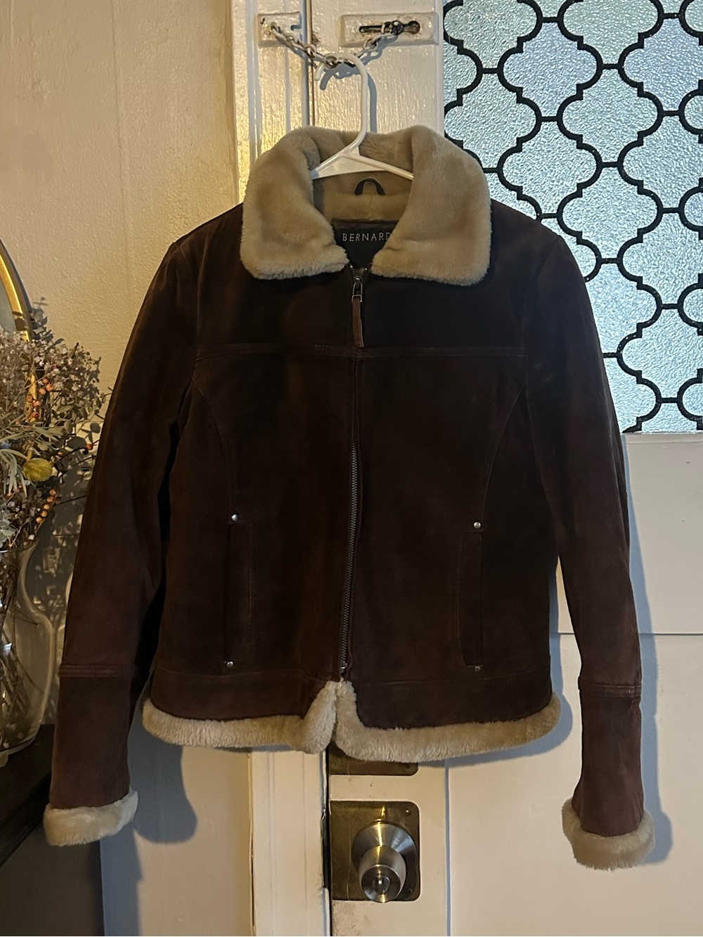 Bernardo Dark Brown Suede Shearling Jacket with Cream Trim
